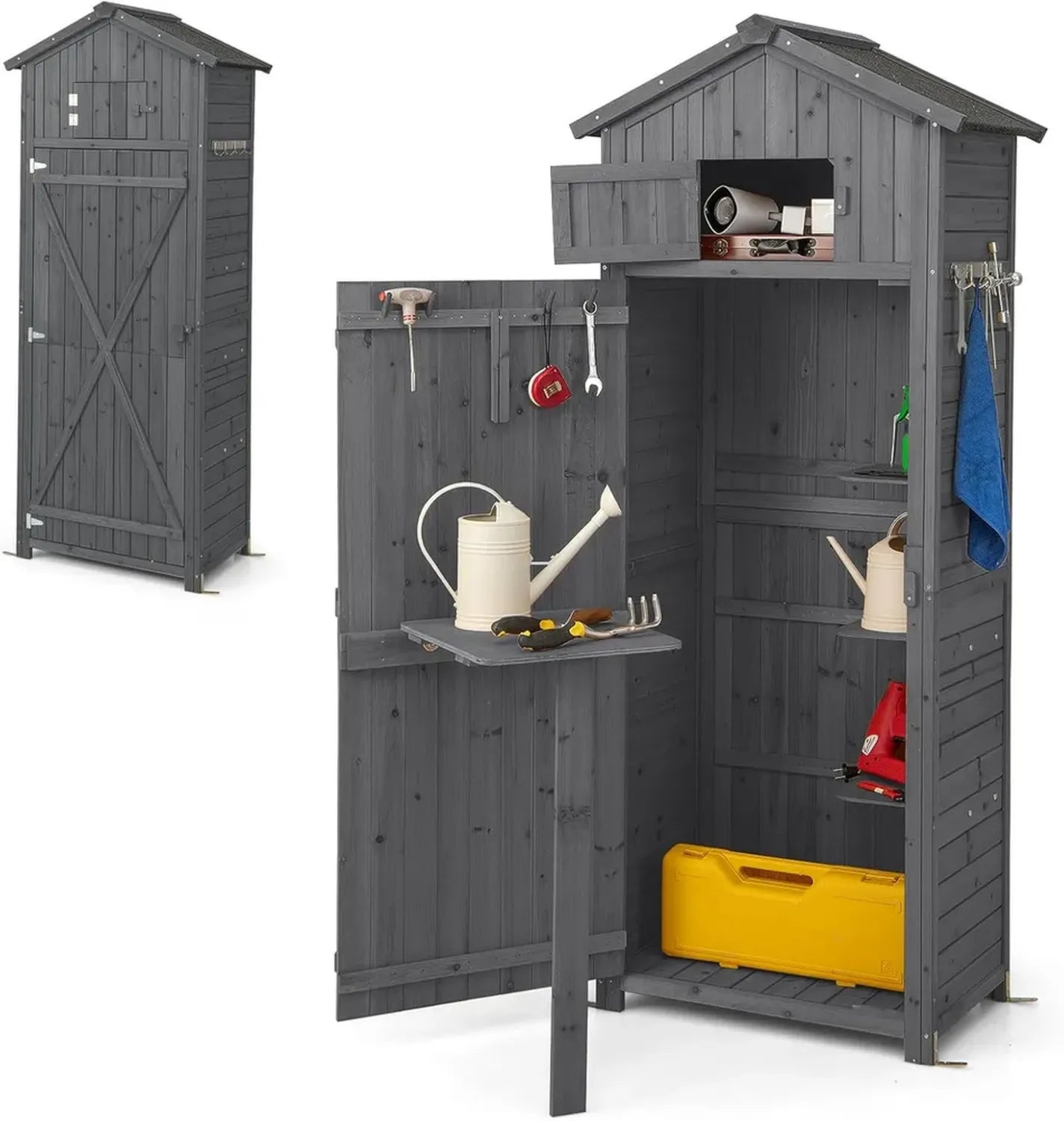 Cabane de Jardin en Bois HOMASIS avec Étagère et Crochets, Abri Imperméable et Compact 65x42x180,5 cm Gris
