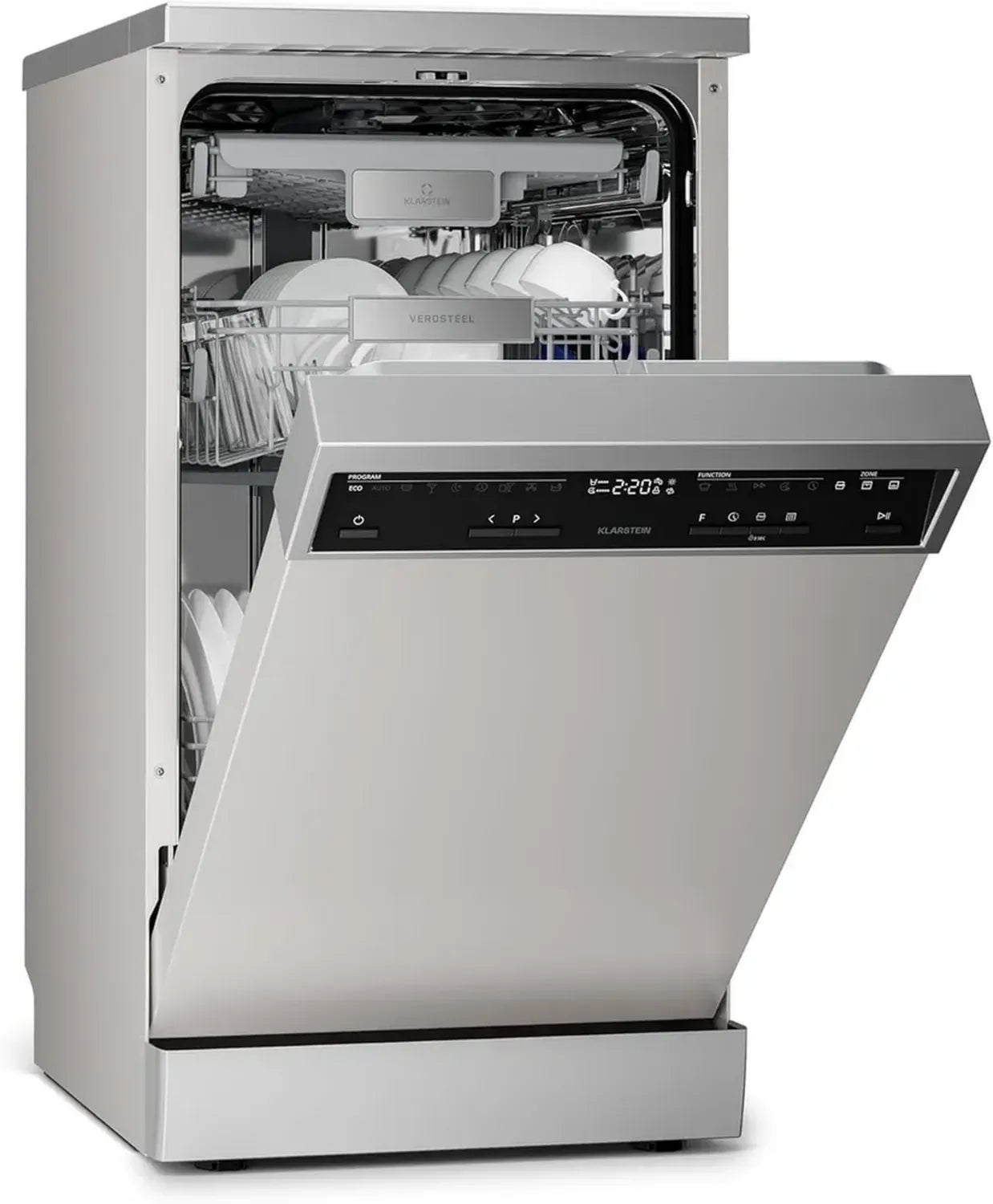 Lave-Vaisselle 45cm Klarstein Verosteel - 10 Couverts, 9 Programmes, 42 dB, Classe B, AquaStop, Sécurité Enfants, Argent