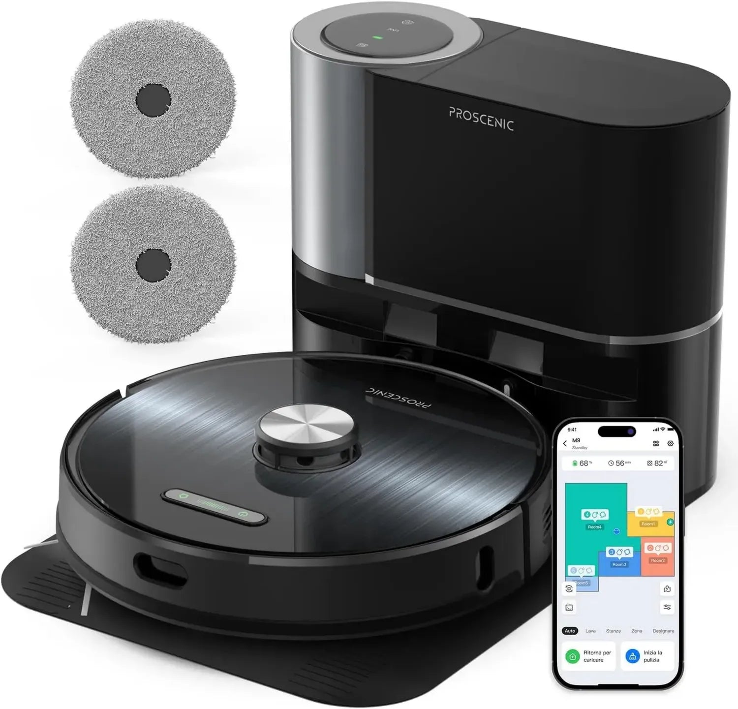 Aspirateur Robot Proscenic M9 avec Station Auto-vidange, Puissance 4500PA, Lidar et Serpillière Rotative