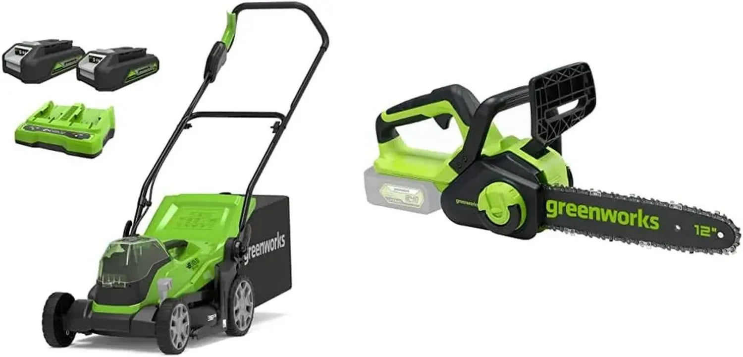 Tondeuse à Gazon Greenworks 48V avec Batteries et Tronçonneuse 30 cm
