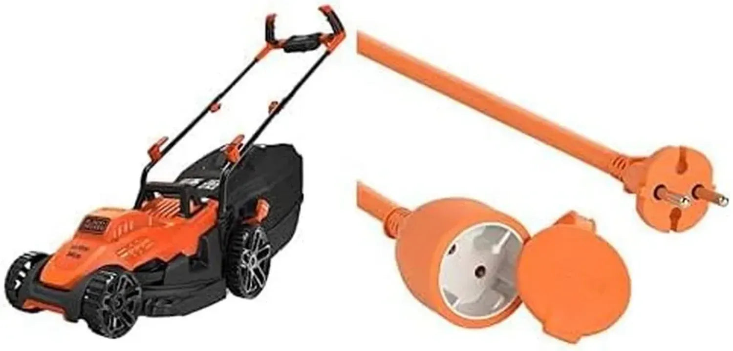 BLACK+DECKER Tondeuse Électrique 1400W, Largeur 34 cm, Hauteurs Réglables 20-70 mm, avec Câble Rallonge Jardin 25 m