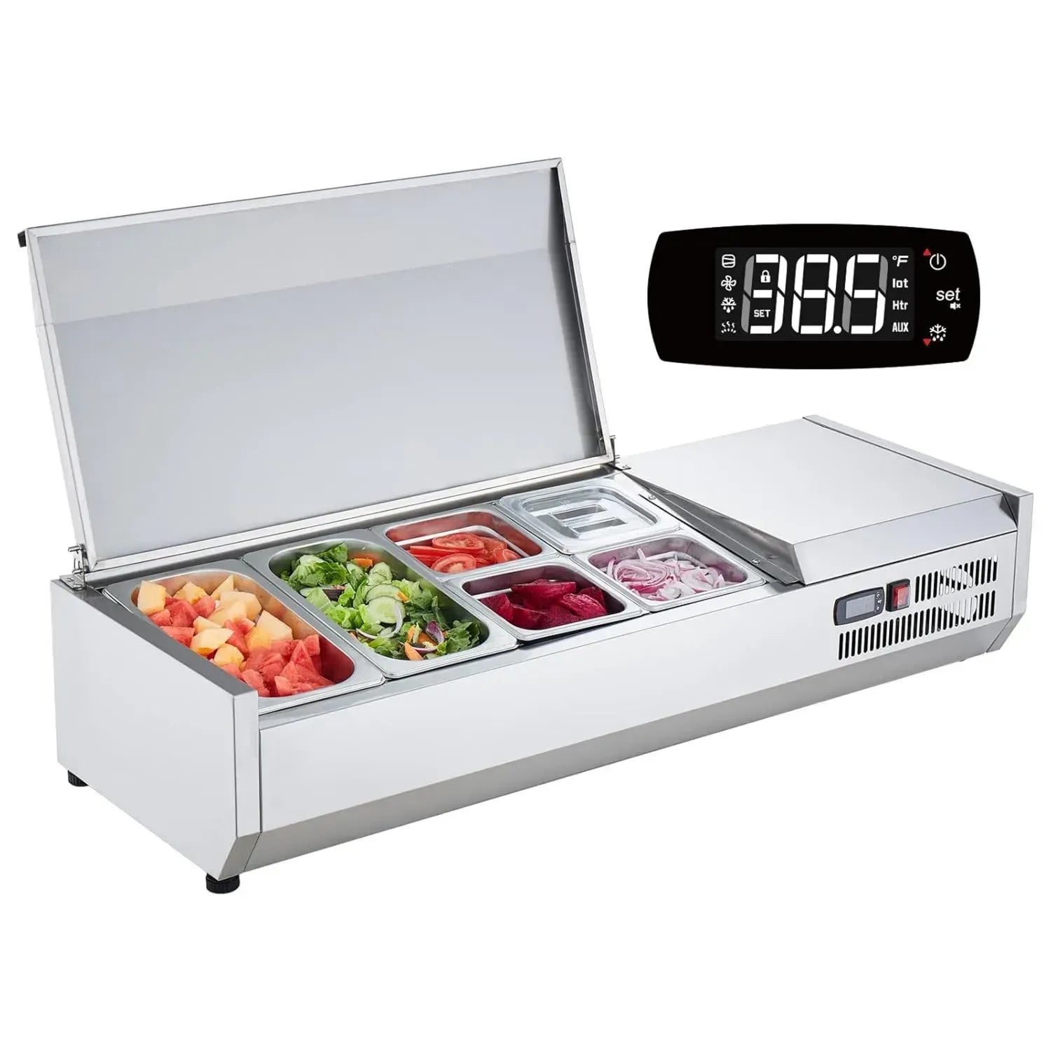 VEVOR Comptoir Réfrigéré pour Salades 140W, Vitrine Réfrigérée Pizzeria avec Casseroles en Acier Inoxydable, Couvercle PC, Idéal pour Ingrédients de Cuisine