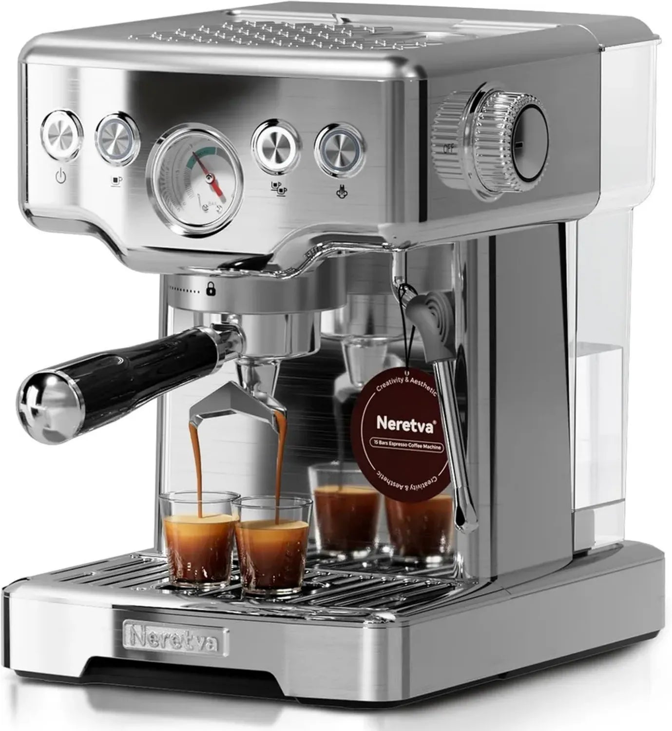 Machine à Café Neretva 15 Bars, Cafetière Expresso en Acier Inoxydable 1450W 1.8L avec Mousseur à Lait Intégré