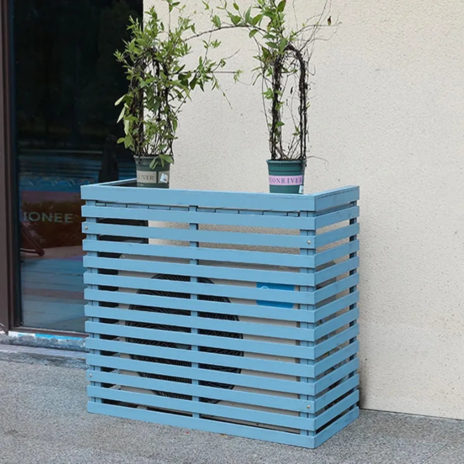 Coffre Cache-Climatiseur en Bois Massif avec Étagère à Fleurs, Design Élégant et Durable, Protection Contre Intempéries, 85x35x80 cm