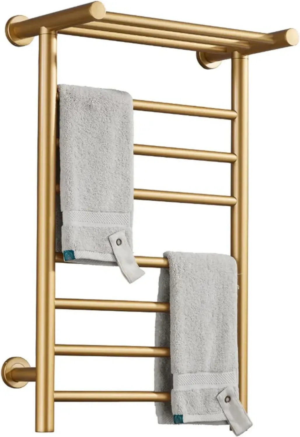 Radiateur Sèche-Serviettes Électrique Doré 70W avec Étagère Intégrée, Acier Inoxydable, Installation Fixe