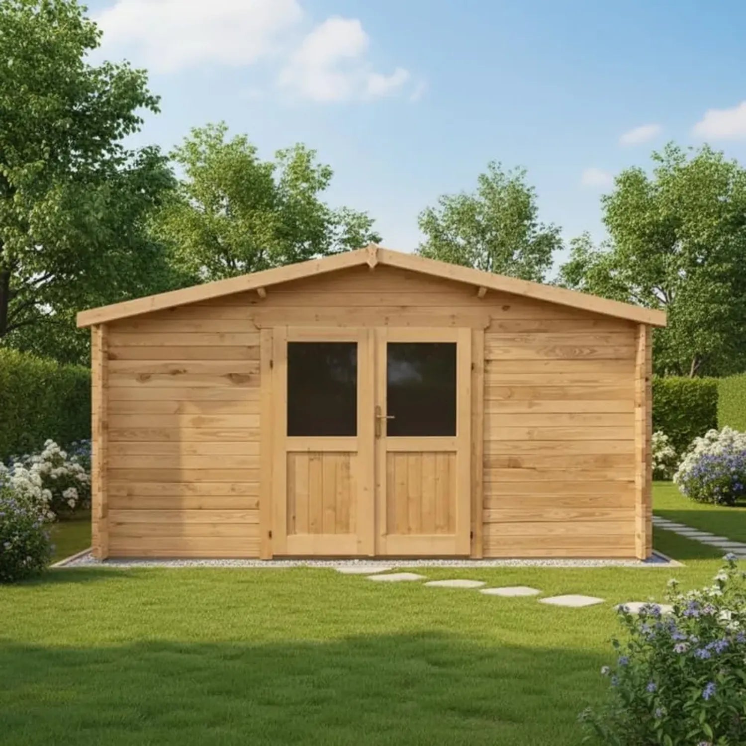 Chalet de Jardin en Bois 16m² avec Protection Anti-intempéries, Double Porte Vitrée, Serrure, Toit OSB, Dimensions 398x398 cm