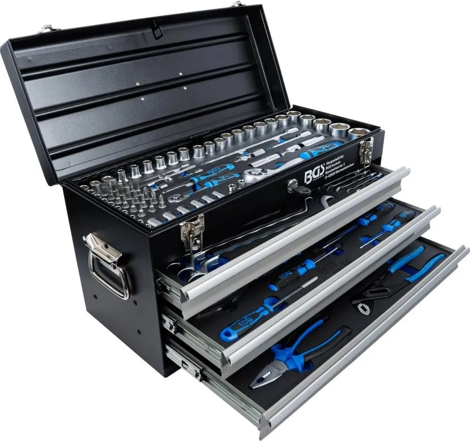 Caisse à outils métallique BGS 3318 avec 143 pièces et 3 tiroirs