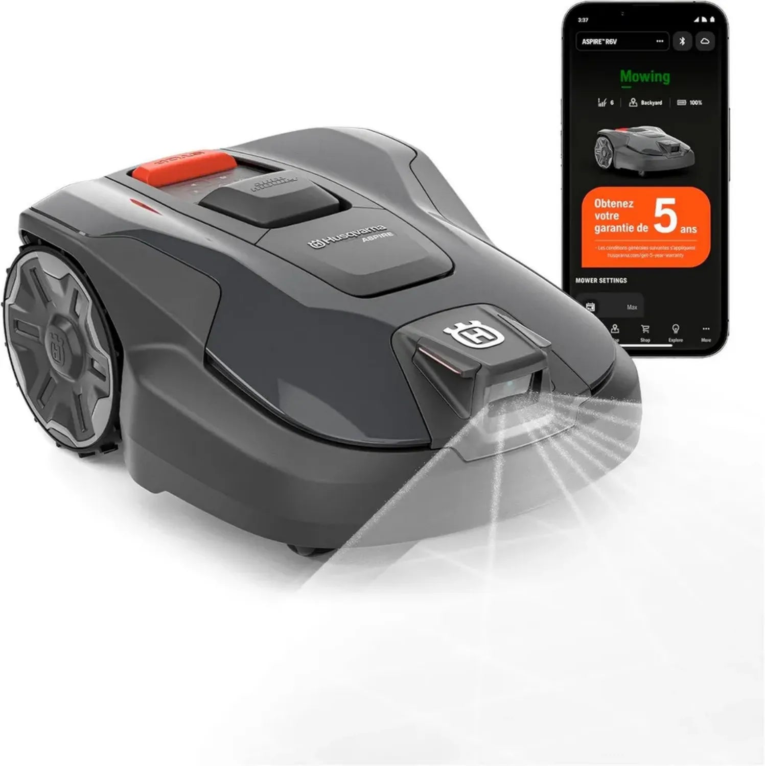 Robot Tondeuse HUSQVARNA Aspire R6V avec GPS et IA Vision, Application WiFi, Tonte Systématique, pour pelouses jusqu'à 600 m²