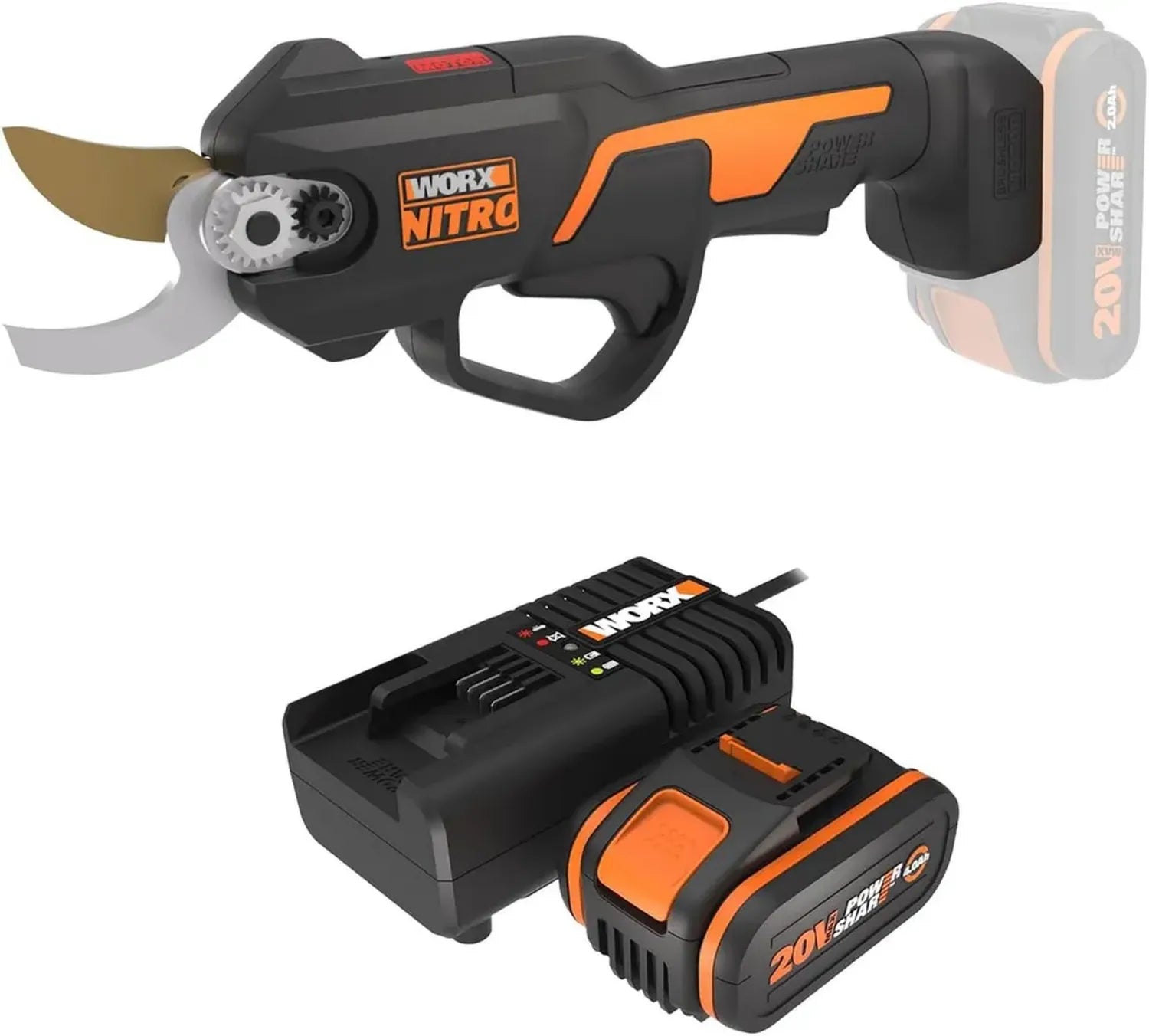 Sécateur Sans Fil 20V, Batterie 4Ah avec Chargeur Rapide, Moteur Brushless, Couper jusqu'à 25mm, 1500 Coupes par Charge, Protection Double, Compact et Léger, Lames SK5 Durables