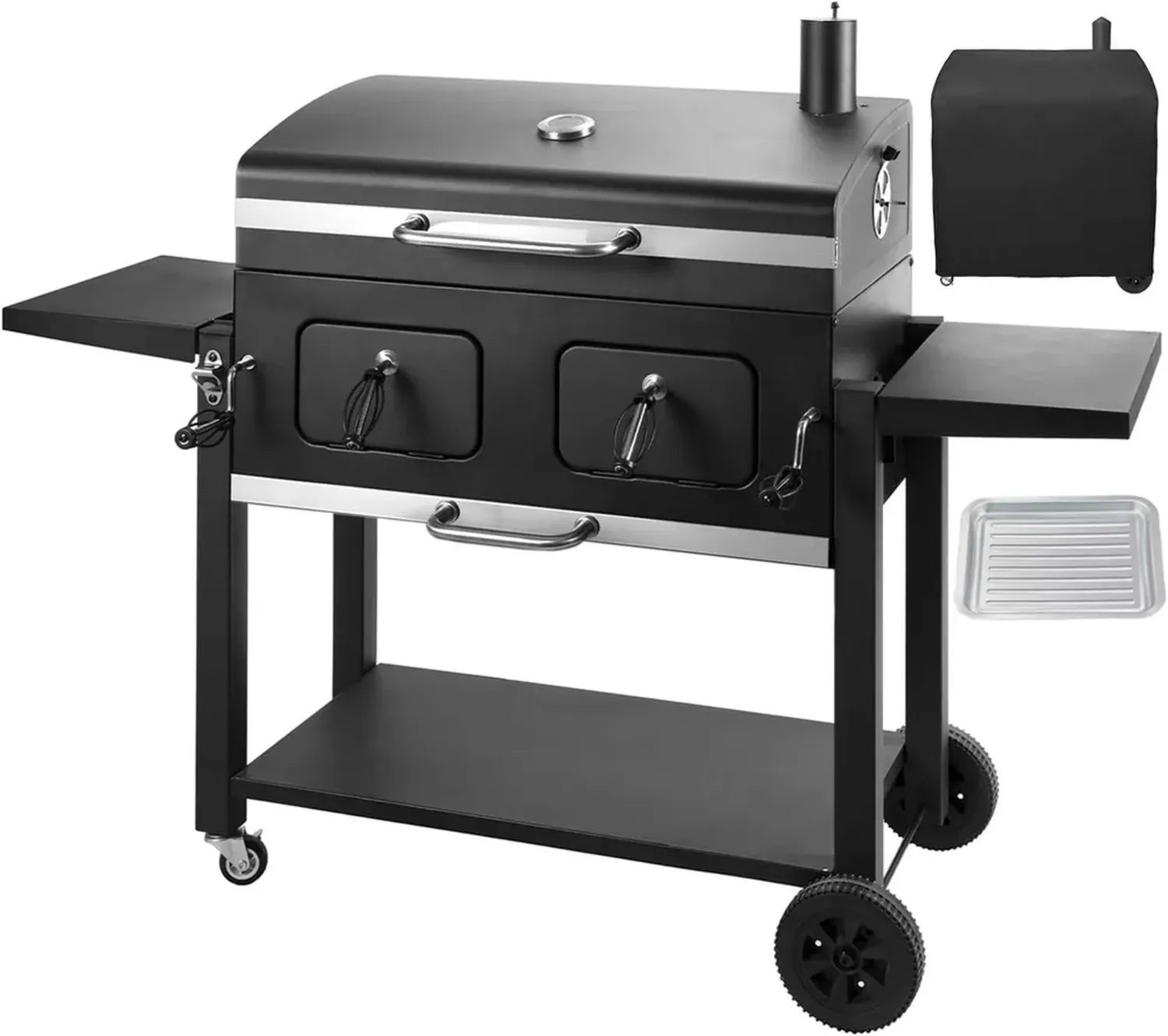 Barbecue au Charbon avec Couvercle Étanche et Tables Latérales, Fumeur Réglable, Jauge de Température, Idéal pour Jardin et Camping