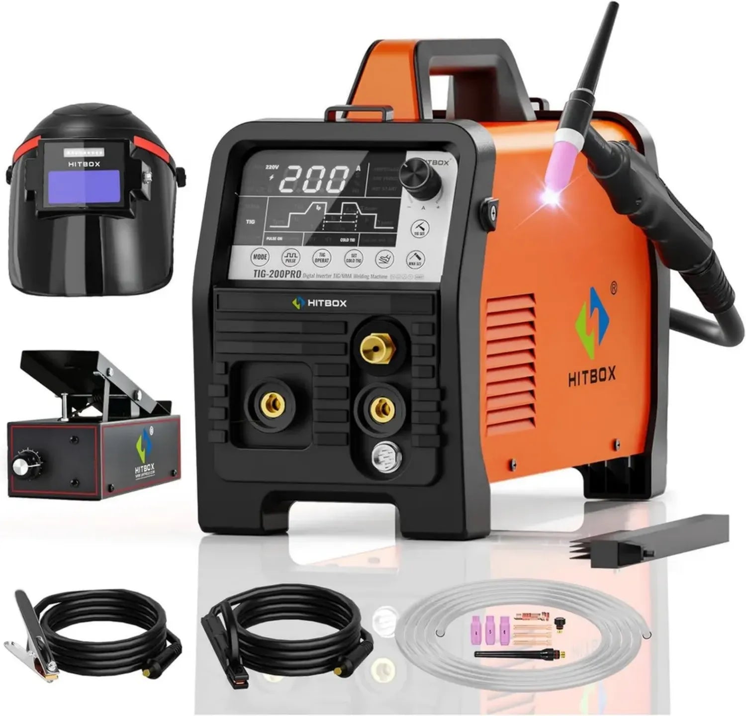 HITBOX Poste de Soudage TIG 200A, 230V, Multifonction avec Démarrage HF, Modes TIG/MMA/Pulsé, Nettoyage Avancé, Commande 2T/4T, Pédale Incluse et Masque de Protection