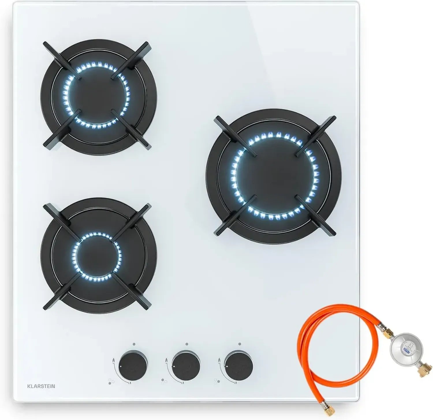Plaque de Cuisson au Gaz Klarstein Goldflame, 3 Brûleurs, 5800W, Verre Trempé, Allumage Automatique, Sécurité Gaz, Compatibilité Gaz Naturel et GPL, Dimensions 45x52cm