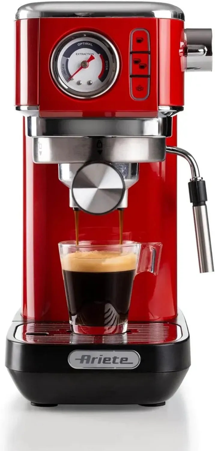 Ariete 1381 Cafetière Espresso avec Manomètre, 15 Bars, Compatible Café Moulu et Dosettes ESE, 1300W, 1,1L, Rouge