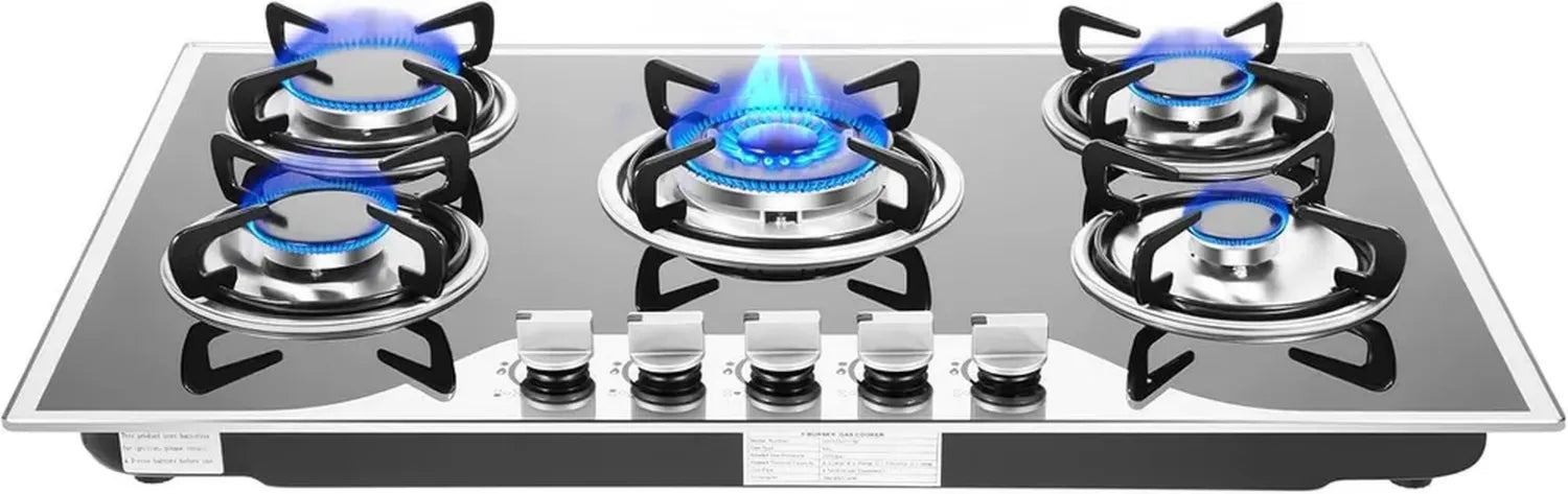 Table de cuisson à gaz 5 feux, verre trempé noir, supports en fonte, encastrable avec allumage électrique