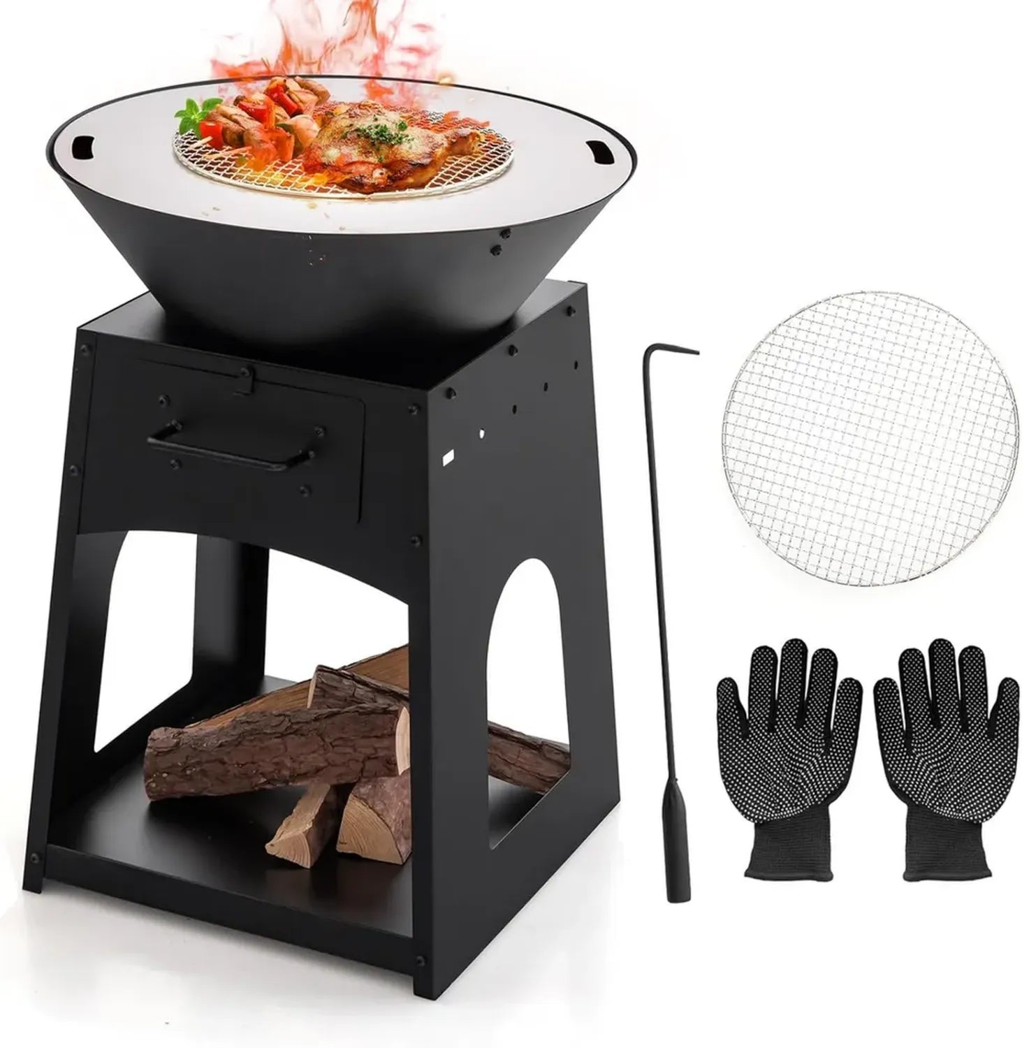 Brasero de Jardin Multifonction 60x80cm avec Grille et Accessoires