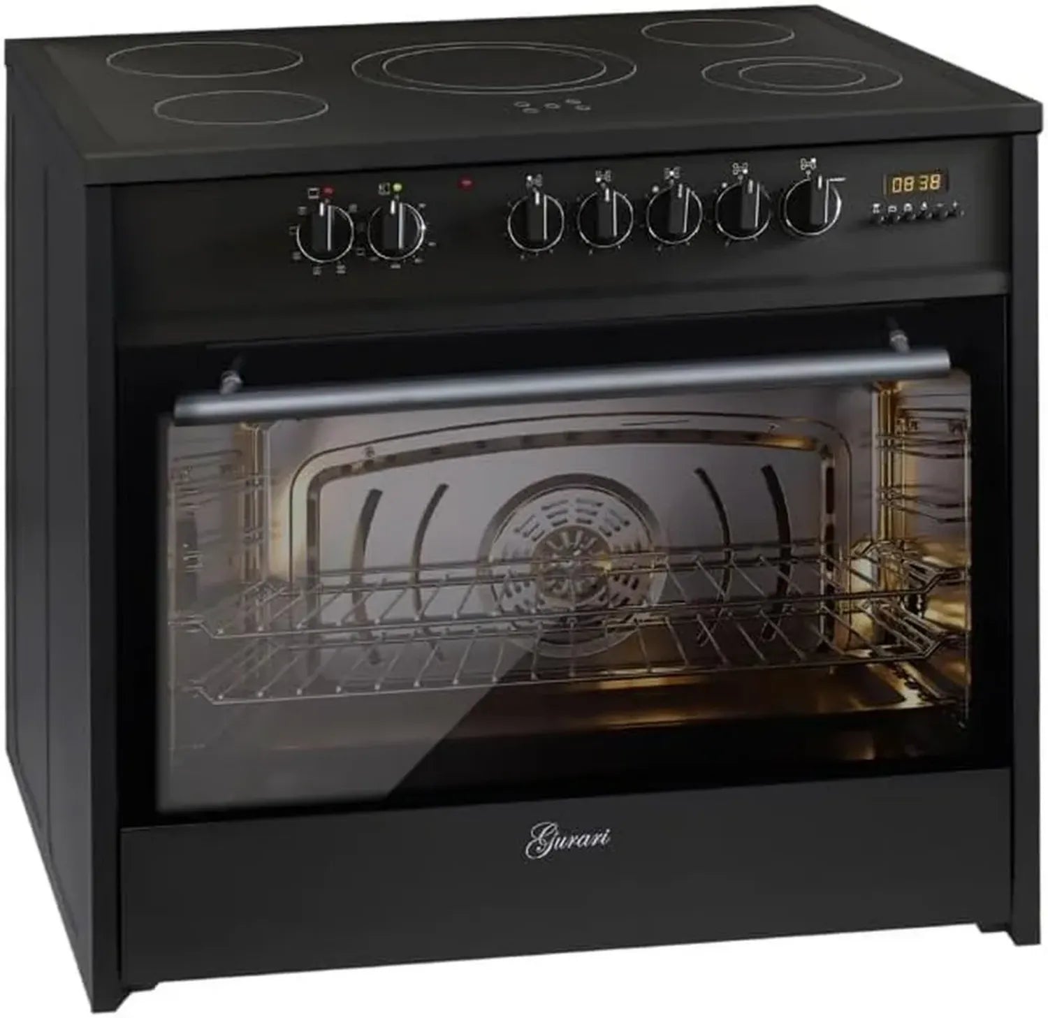 Fourneau électrique 90 cm, plaque vitrocéramique, 121 L, 8 fonctions, chaleur tournante, barbecue, 5 zones avec boosters, extracteur télescopique, noir