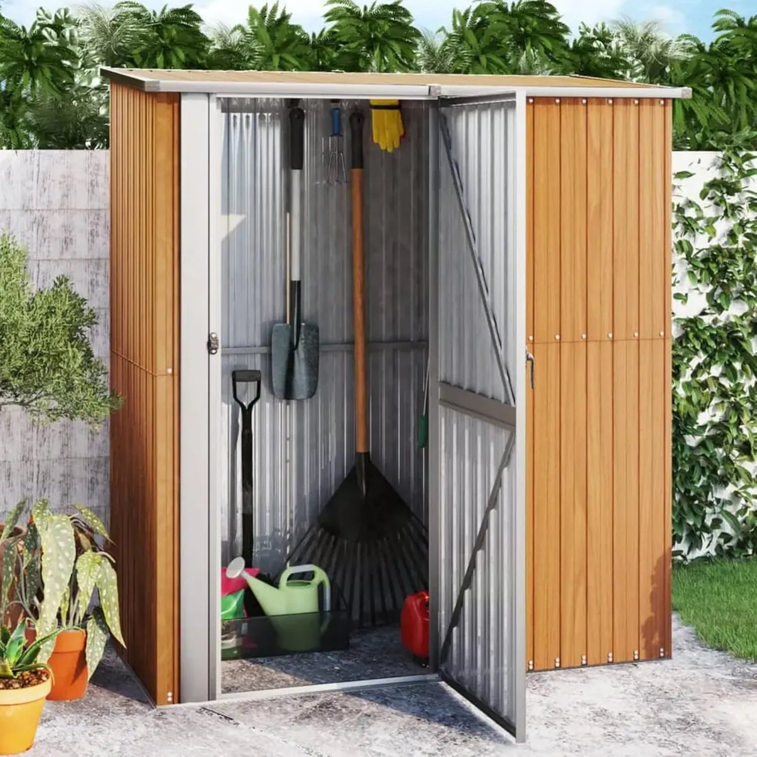Cabane de Jardin en Acier Galvanisé Effet Bois 180,5x97x209,5 cm, Stockage Extérieur pour Outils