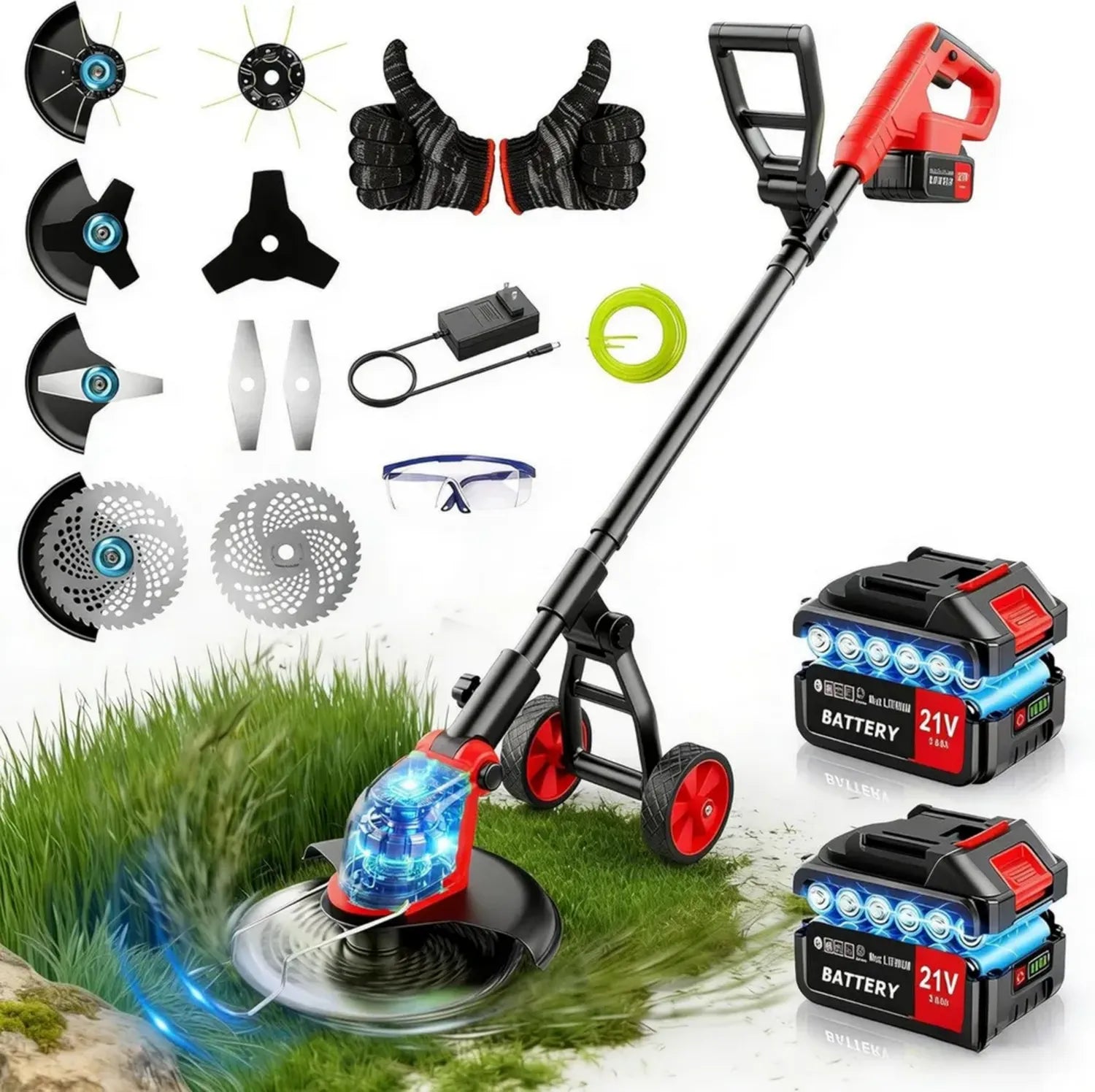 Débroussailleuse Électrique sans Fil 12 Pouces - 850W, 2 Batteries 3.0Ah, 4 Lames Différentes, Roues Réglables, Tige Télescopique, Idéale pour Pelouses et Jardins