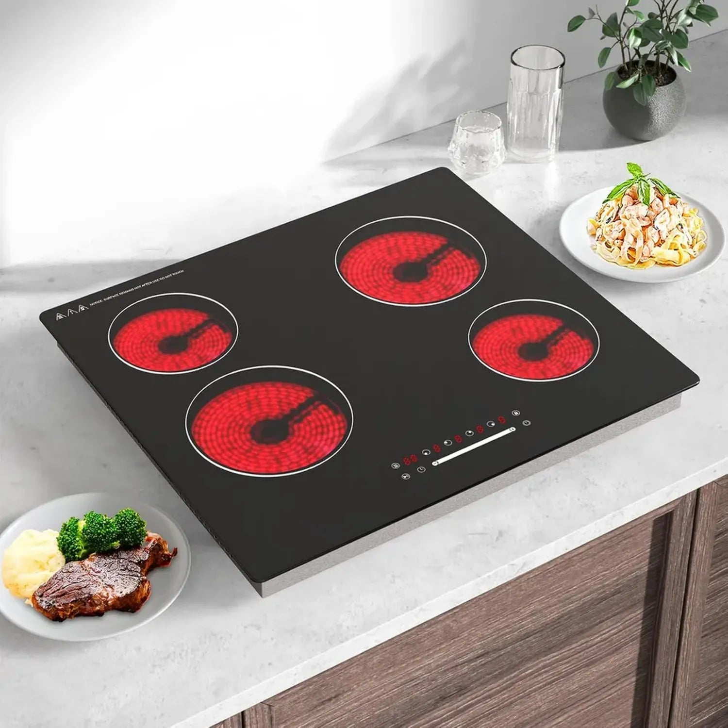 Plaque Vitrocéramique 60 cm, 4 Zones de Cuisson, Commande Tactile, Puissance 6000W, Installation Directe
