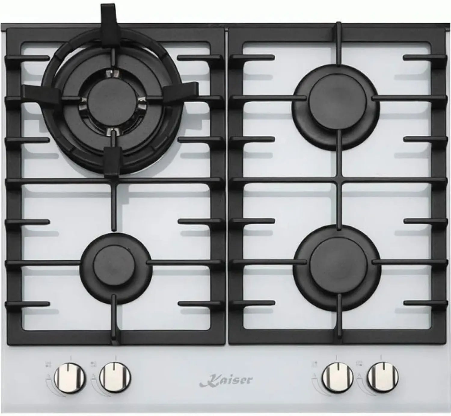 Plaque de Cuisson à Gaz Kaiser 60 cm - Verre Blanc, 4 Feux, Autoportante, Brûleur WOK, Gaz Naturel/Propane