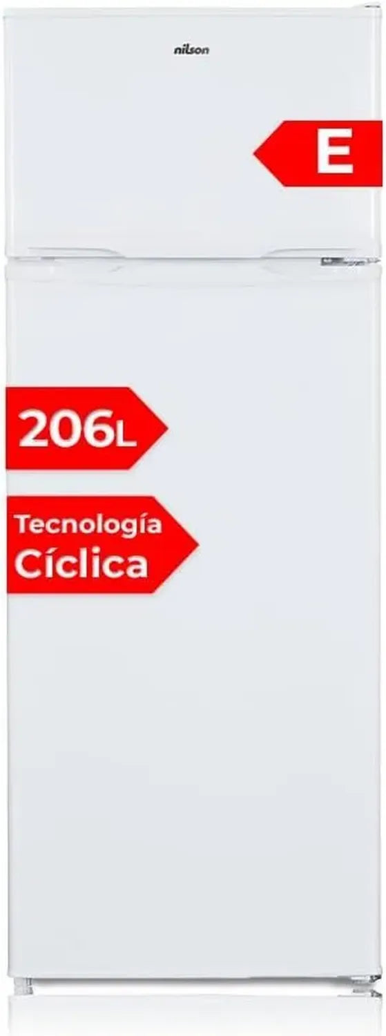Réfrigérateur 2 Portes 206L Blanc Classe E, Silencieux 40 dB, Porte Réversible, Sans Poignée