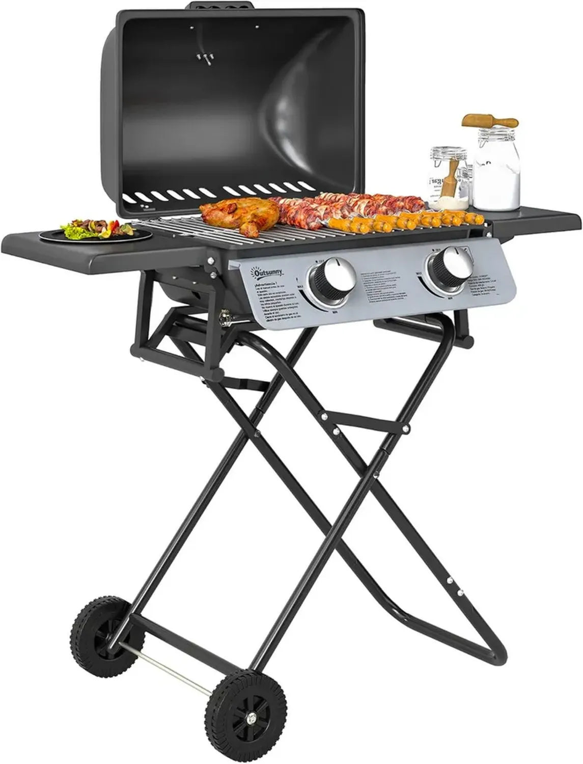 Barbecue à gaz pliable portable 2 brûleurs 5,6 kW avec grilles et thermomètre