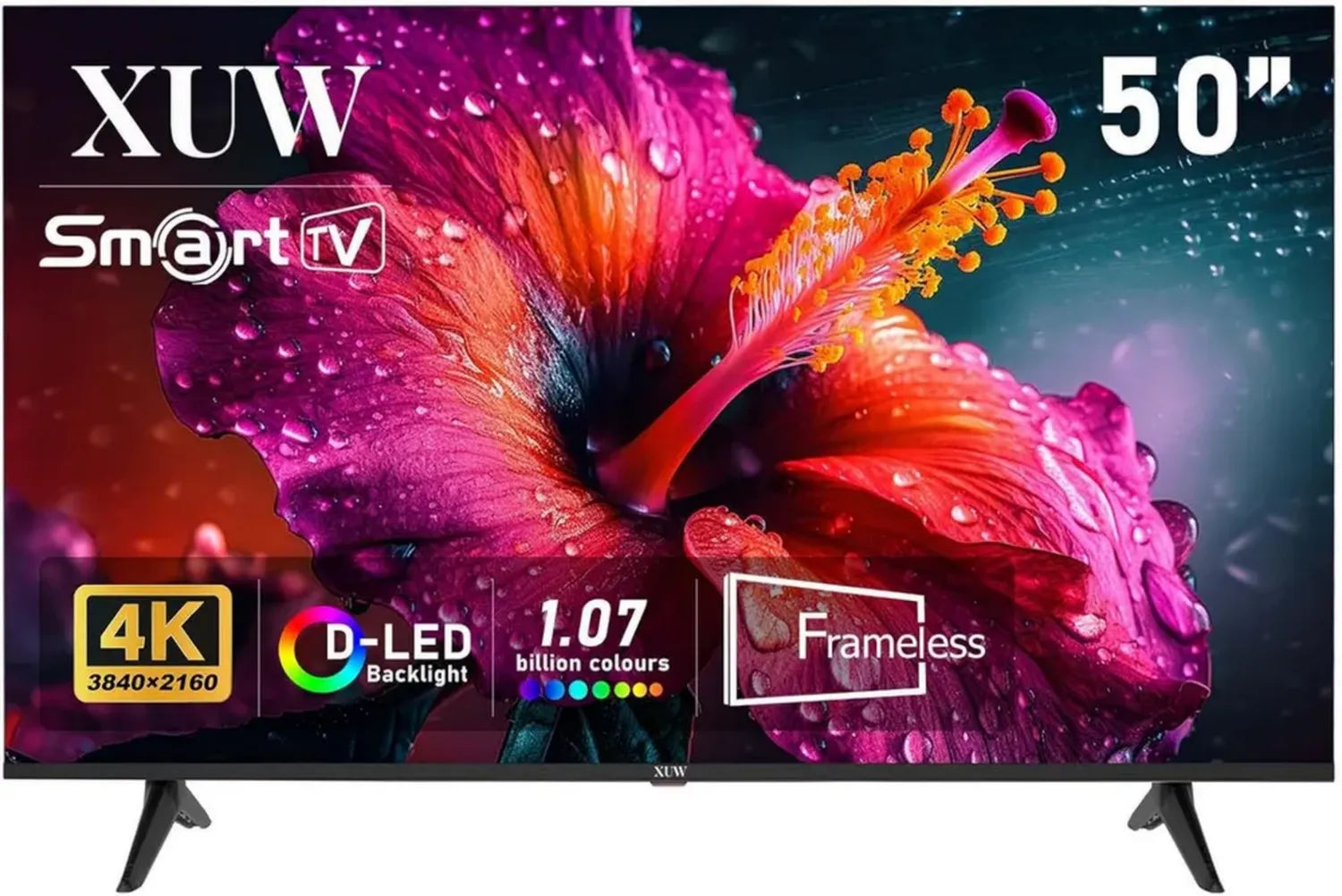 Téléviseur 50'' UHD 4K Smart TV, Design Sans Bord, D-LED, HDMI USB, Tuner DVB-T2/S2, Connectivité RJ45, Idéal pour Salon et Divertissement – Noir
