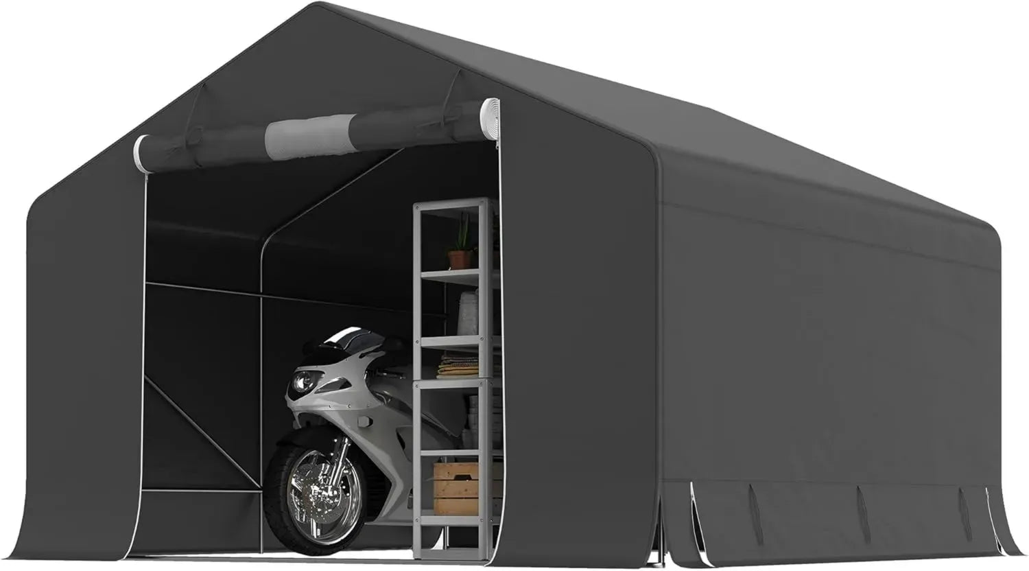 Outsunny Abri de Jardin Imperméable avec Porte Enroulable, Garage pour Moto, Vélo et Outils, 300x300x210 cm, Gris Foncé