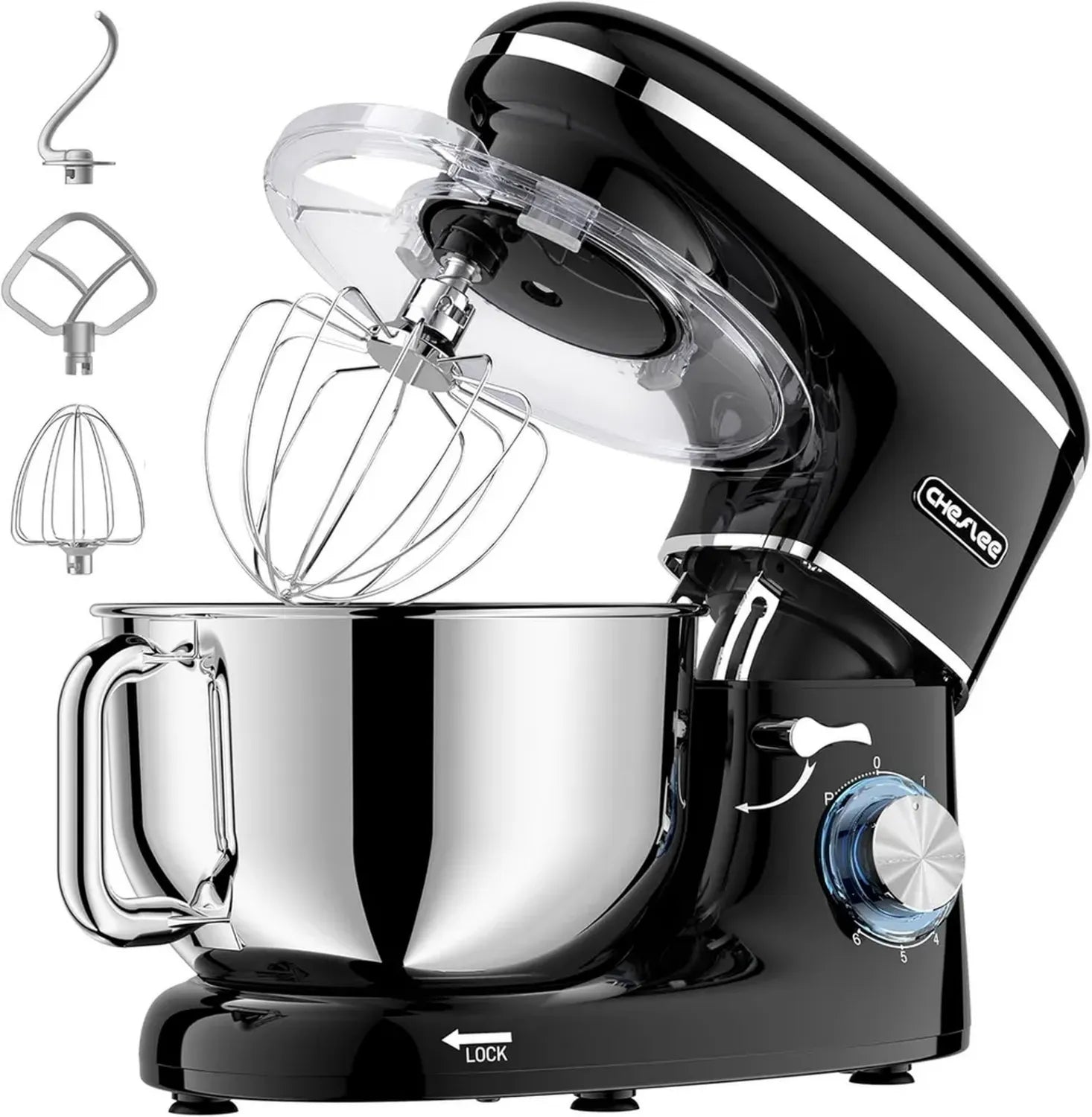 Robot Culinaire Cheflee 2000W, Mixeur Pâtissier Silencieux 6 Vitesses, Bol 6.2L en Acier Inoxydable avec Batteur, Fouet et Crochet