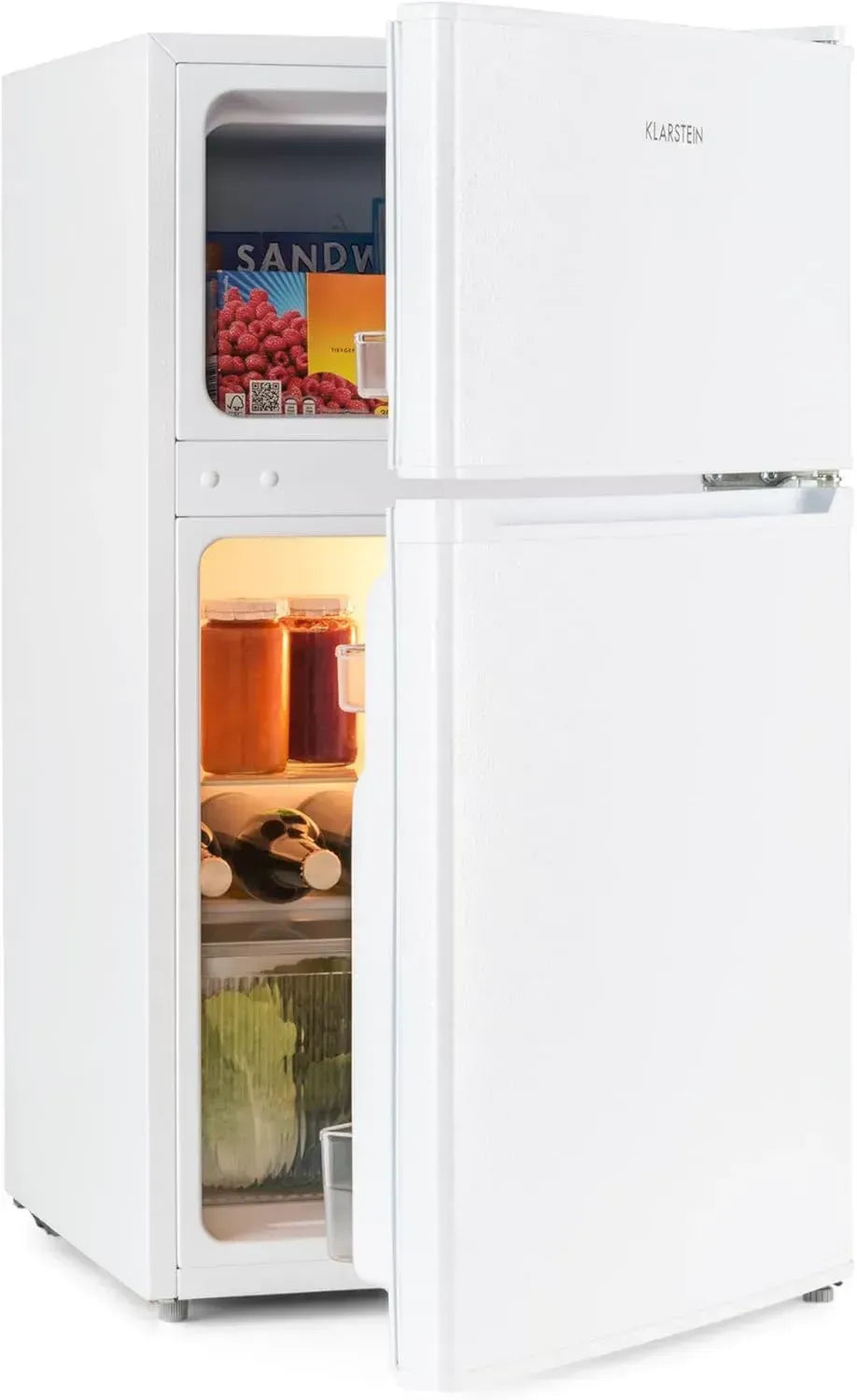 Réfrigérateur combiné KLARSTEIN Big Daddy Cool 83L - Design moderne, éclairage LED, compartiment à bouteilles, bac à légumes, pieds ajustables - Blanc