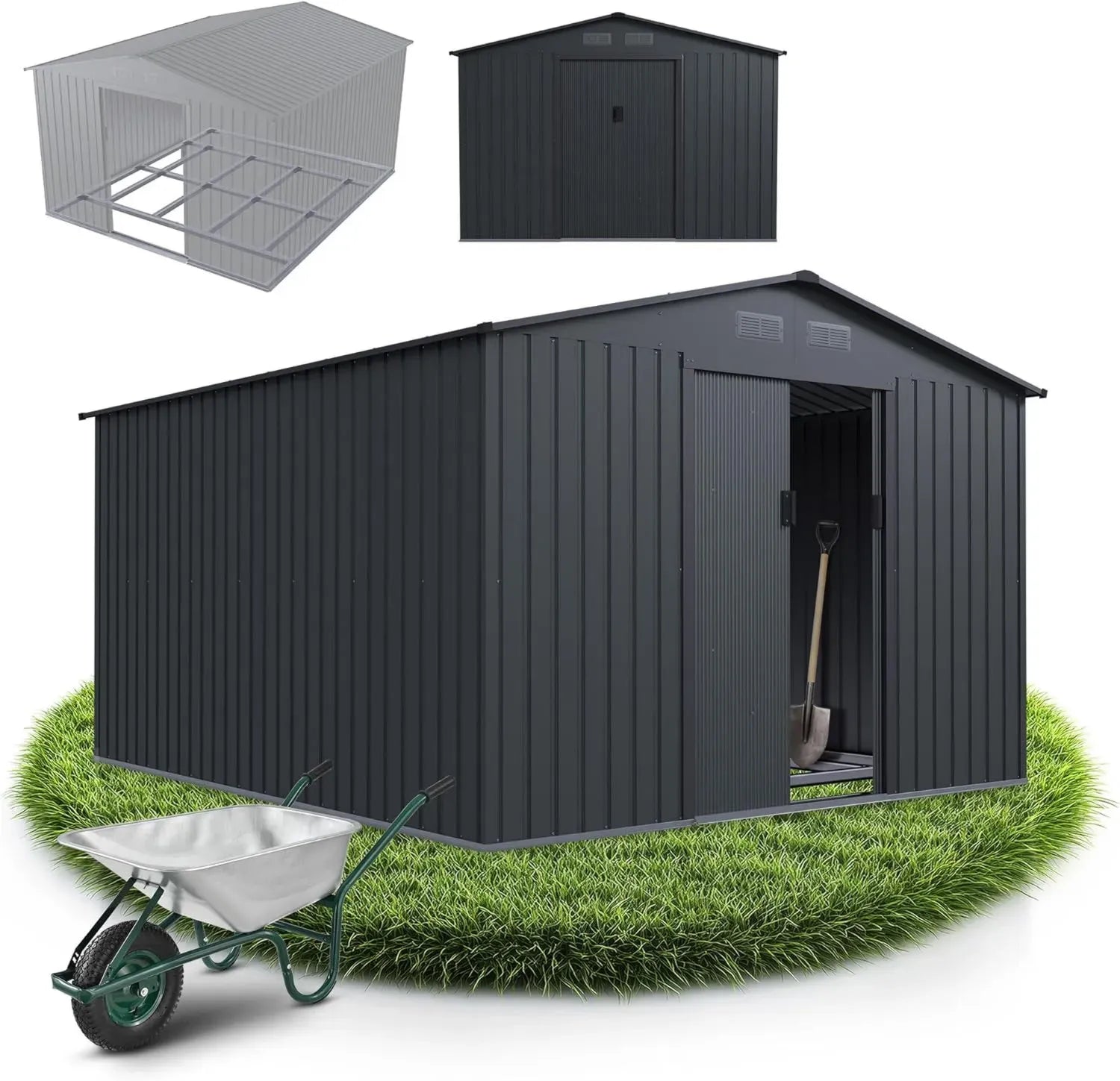 Abri de Jardin Métallique XXL - Résistant aux Intempéries avec Porte Coulissante Verrouillable