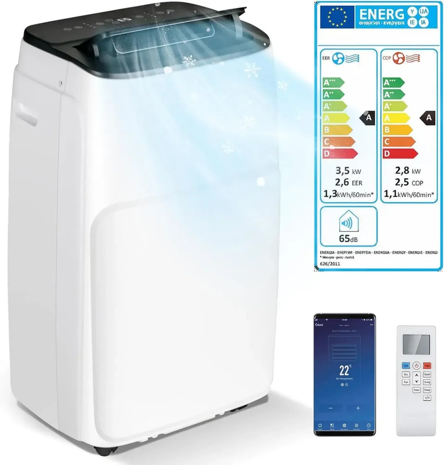 Climatiseur Portable 5 en 1, Silencieux avec 12000 BTU, Mode Nuit et Chauffage