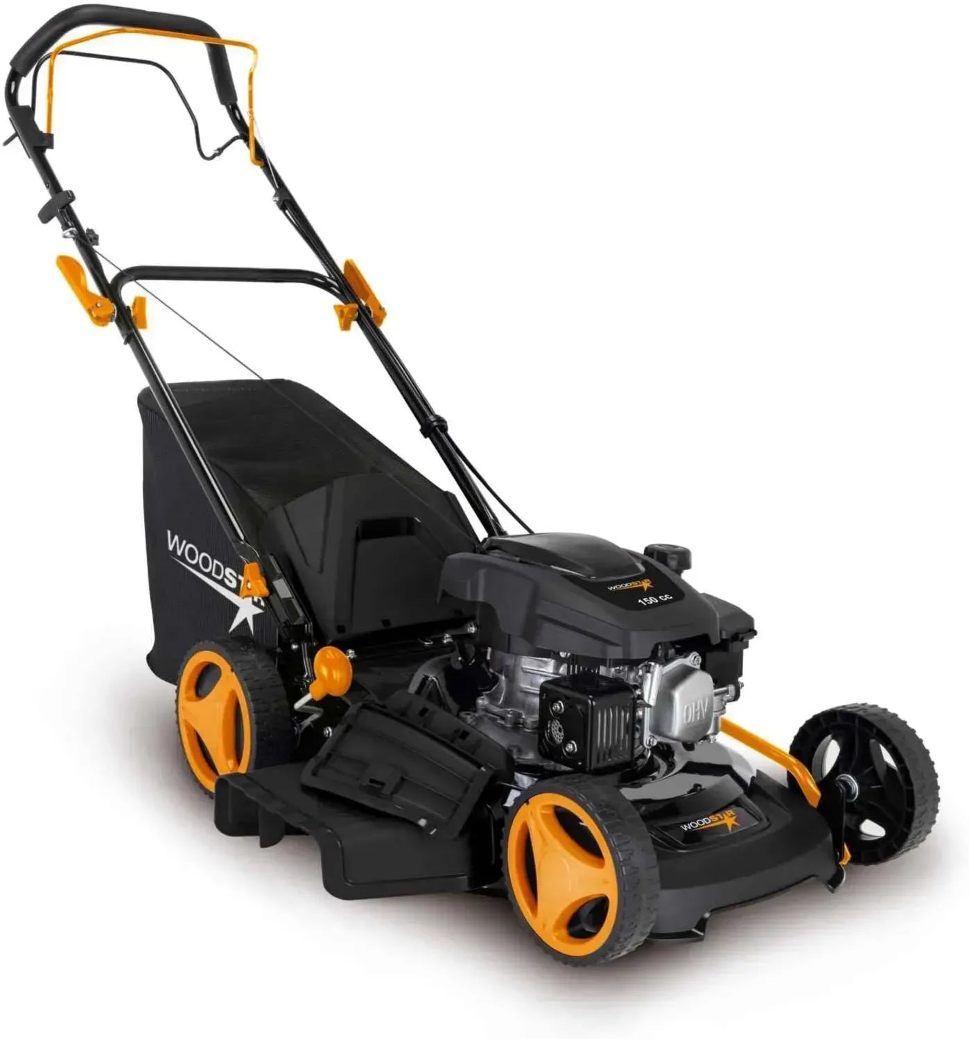 Tondeuse à Gazon Thermique 6 en 1 Woodster 46 cm - Moteur 150 cm³ 3,5 CV - Hauteur Ajustable 25-75 mm - Capacité 1000 m² - Réservoir 55L