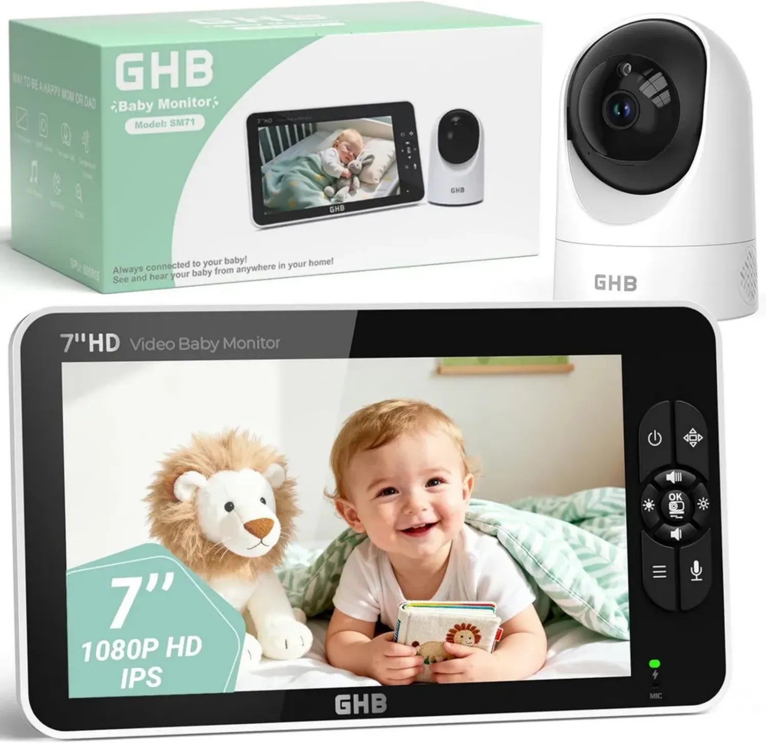 Babyphone Caméra pour Bébé 1080P avec Rotation 350°, Écran HD 7 Pouces, Mode VOX, Autonomie 168H, Audio Bidirectionnel, Alerte Température, 8 Berceuses