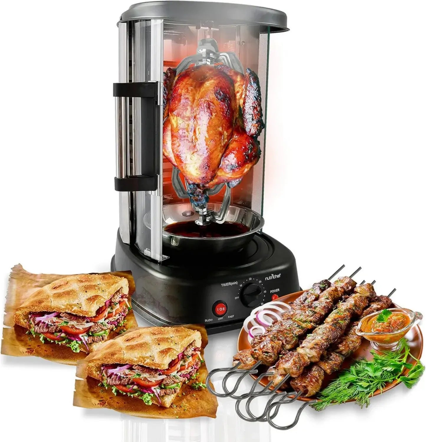 Appareil de Rôtisserie Verticale 1500W, Spécial Kebab et Shawarma, avec Broche et Minuterie