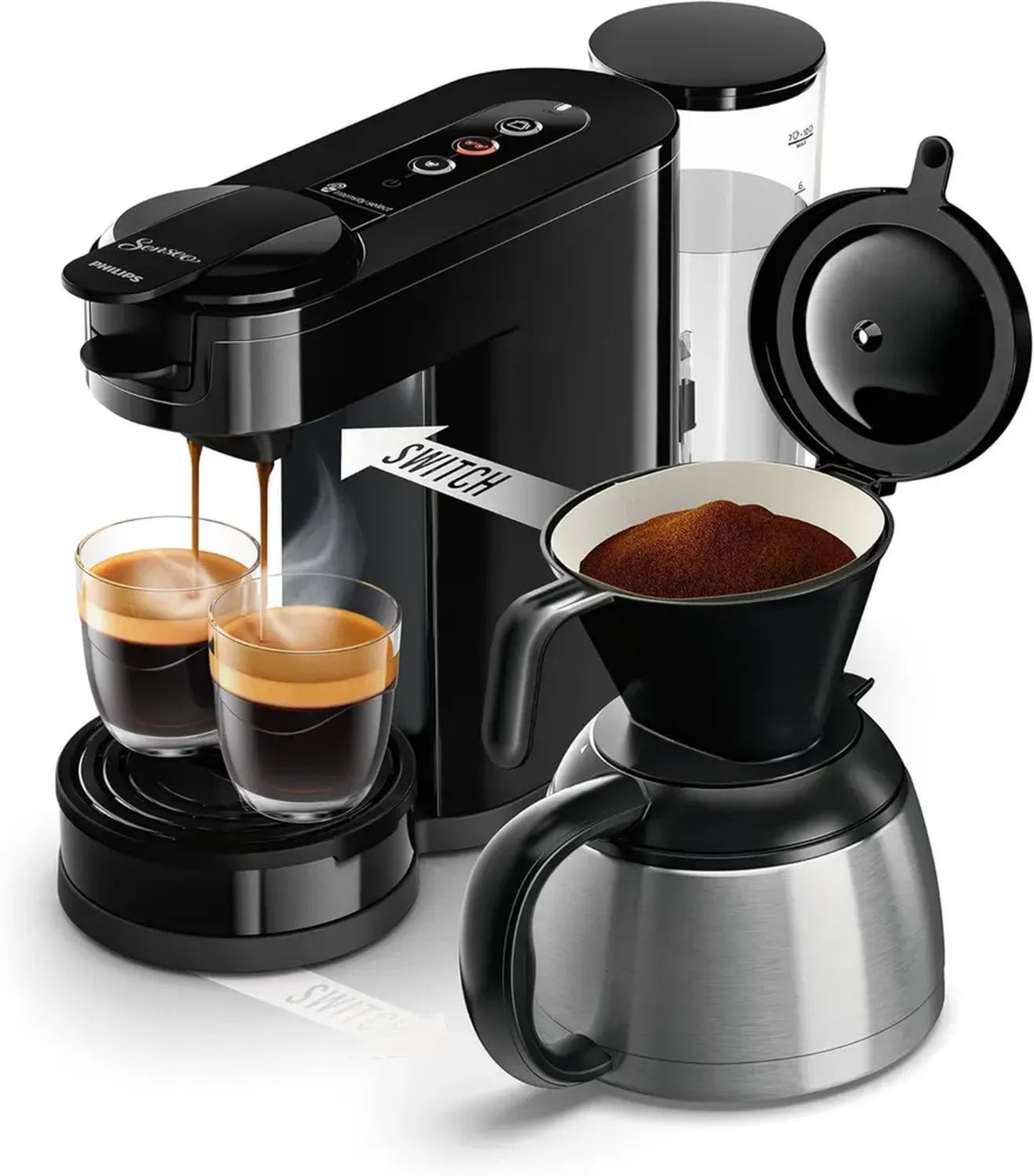 PHILIPS SENSEO Switch Cafetière 2-en-1 à Dosettes et Filtre, 1L, Carafe Thermique, 7 Tasses, Noire
