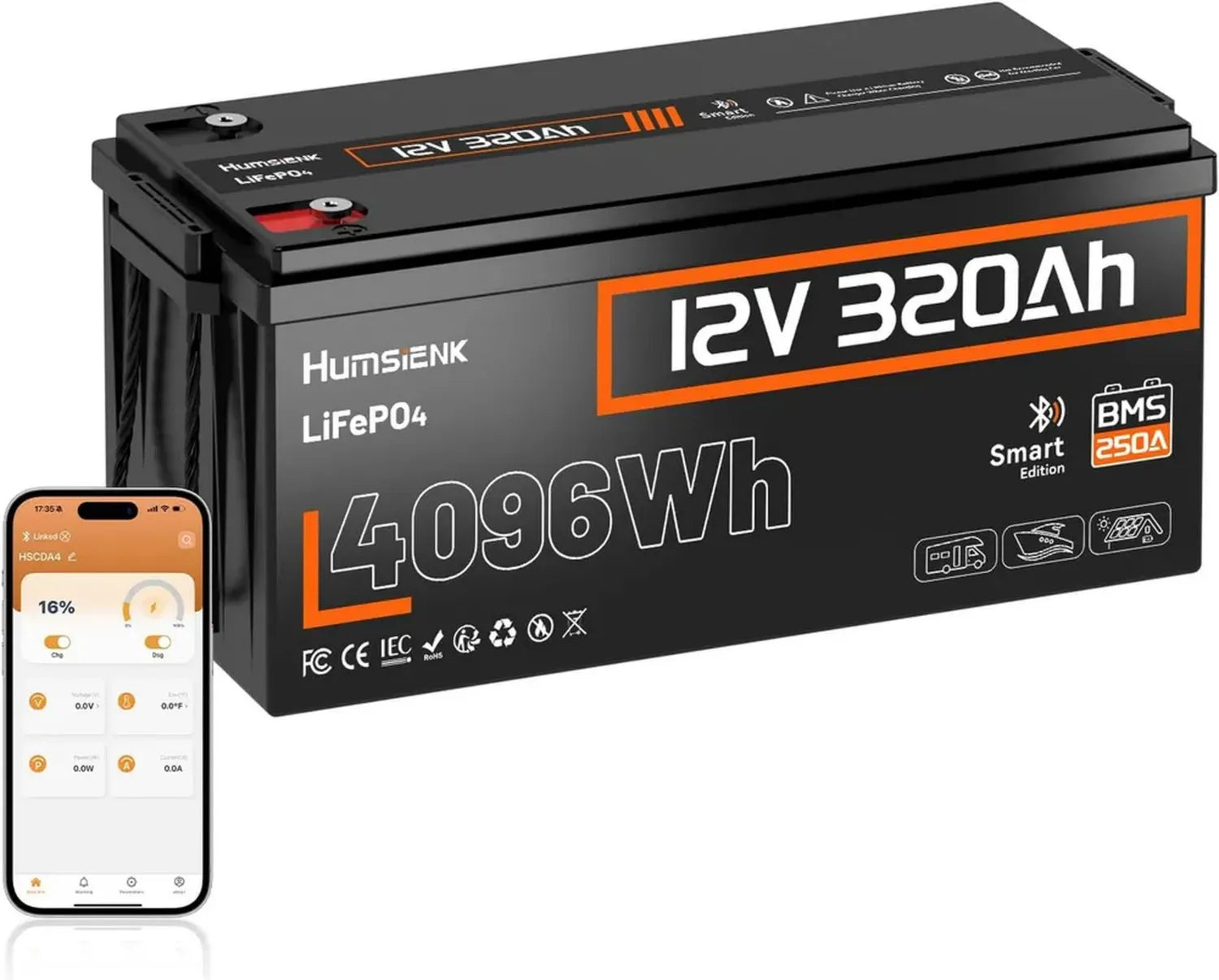Batterie Lithium 12V 320Ah LiFePO4 avec Bluetooth et BMS 250A, 4096Wh, 15000 Cycles, Résistance Température Basse pour Camping-Car, Bateau, Maison