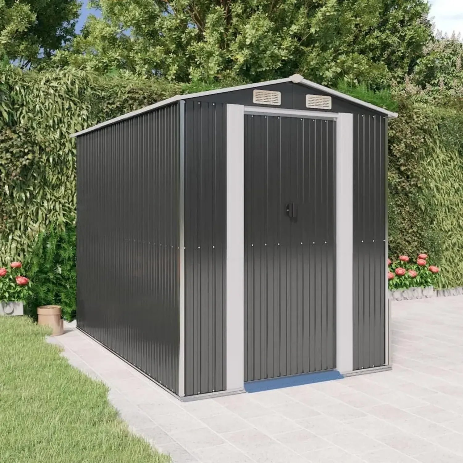Abri de jardin en acier galvanisé anthracite avec portes coulissantes et ventilation 192x274x223 cm