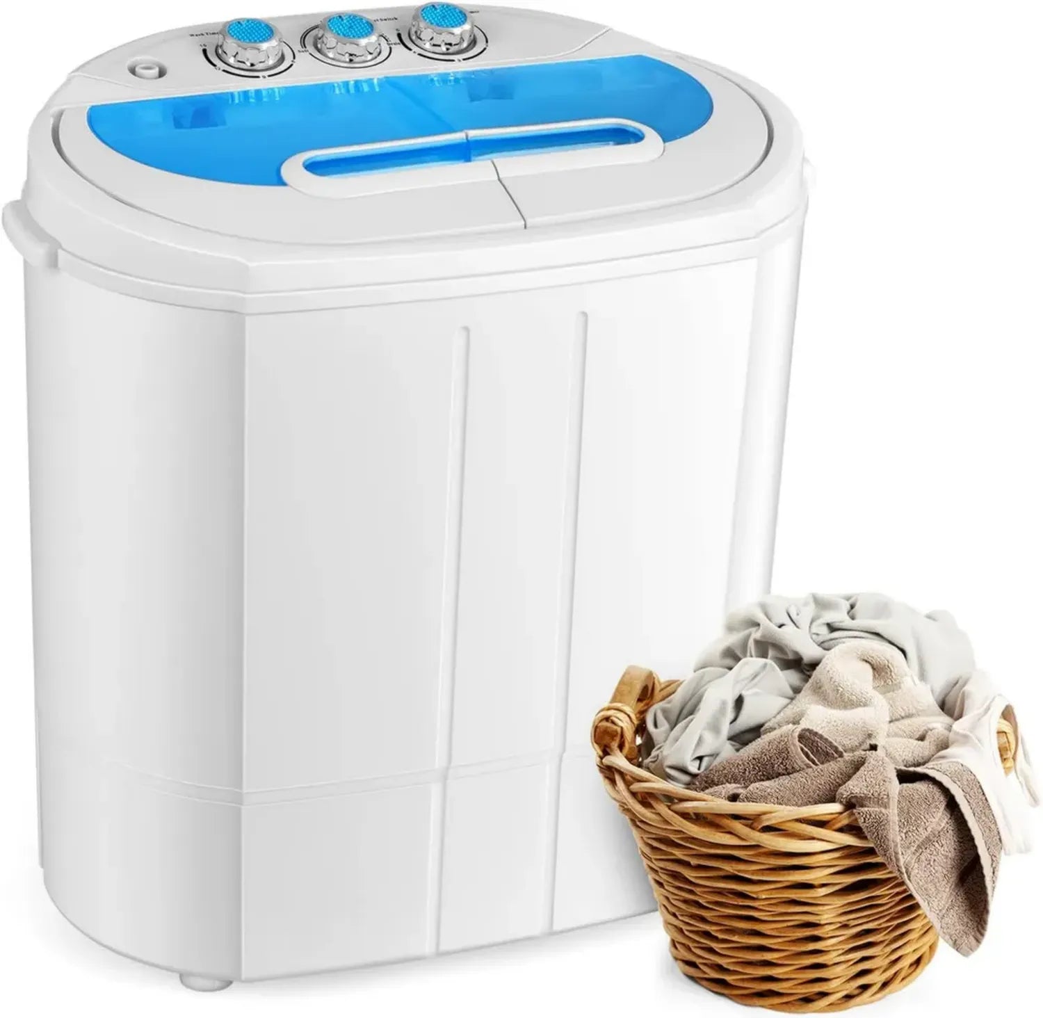 Machine à laver portable compacte à double cuve, blanc et bleu clair