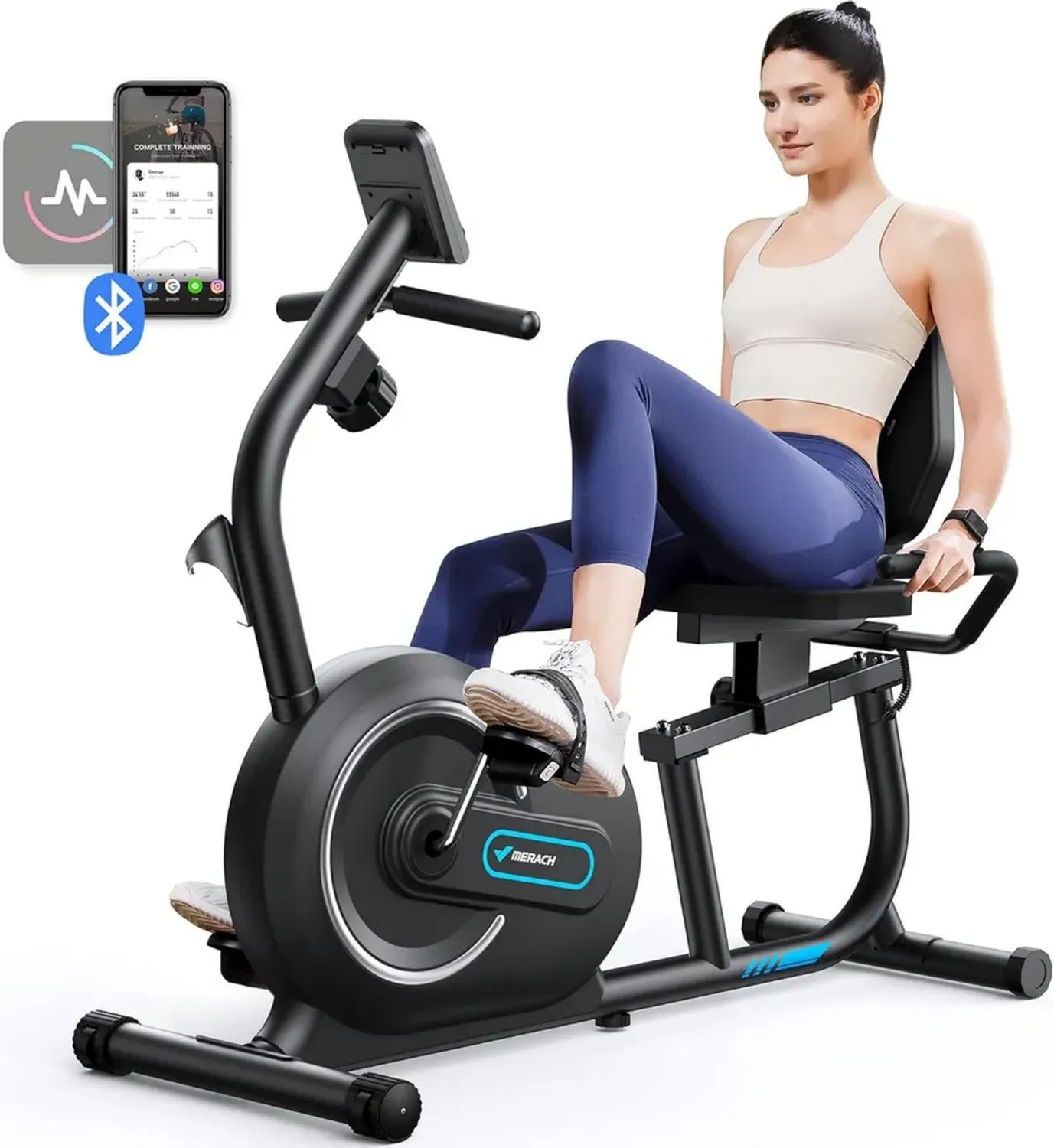 Vélo d'Appartement Magnétique MERACH avec Écran LCD et Capteurs Cardiaques, 8 Niveaux de Résistance, Capacité 136 kg