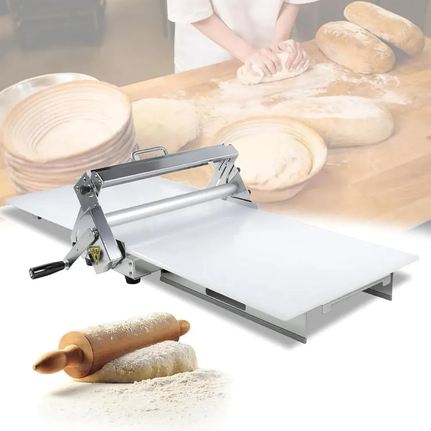 Machine à pâtes pliable et compacte avec épaisseur ajustable, idéale pour pizzas, croissants et fondants, avec 2 rouleaux de laminage