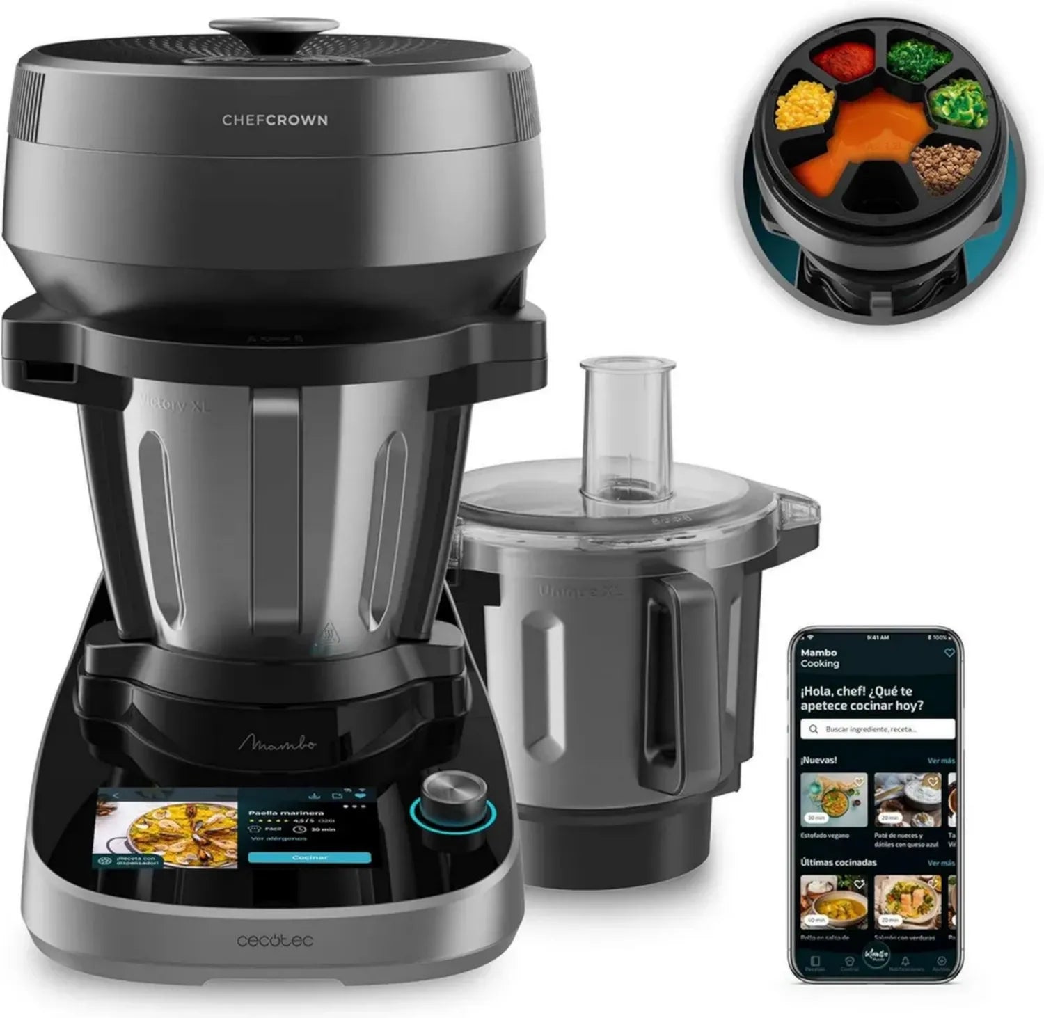 Robot de Cuisine Multifonction Mambo Gourmet 2200 W, 45 Fonctions, Acier Inox, 4,5 L, Écran Tactile et App