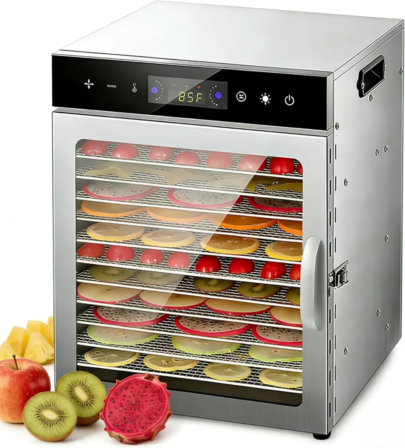 Déshydrateur alimentaire 800 W, 12 plateaux, température ajustable, minuterie 24h, idéal pour viandes, légumes, fruits