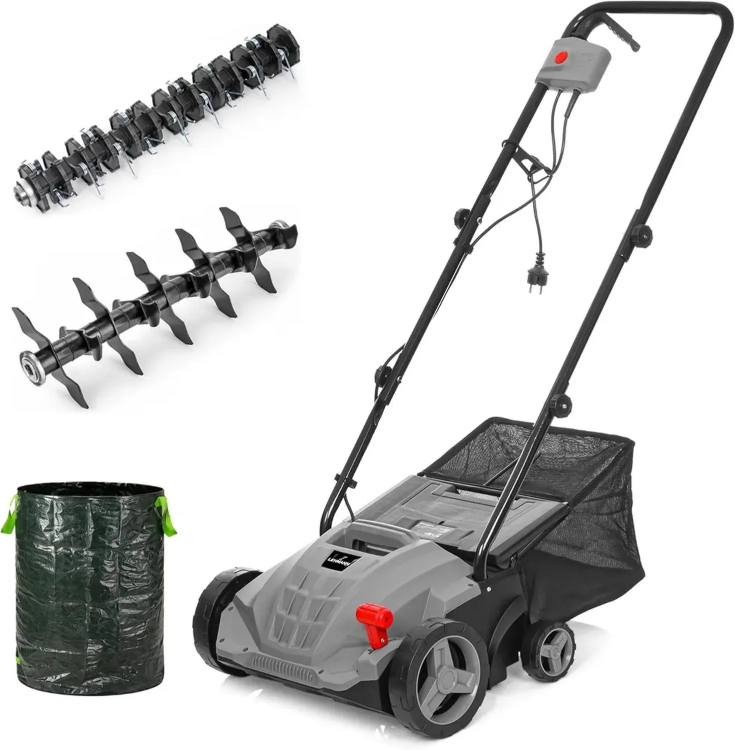 Scarificateur Électrique 1500W 2-en-1, Largeur 32cm, 4 Niveaux de Profondeur, 3000 RPM, Bac 30L, Gris