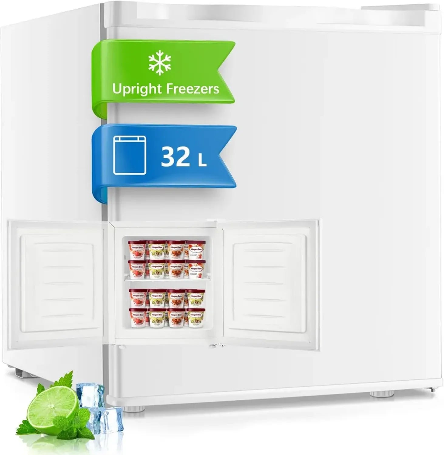 Mini Congélateur 32L Silencieux, Porte Réversible, 7 Niveaux de Thermostat, Idéal pour Hôtel, Dortoir, Appartement, Bureau, Blanc