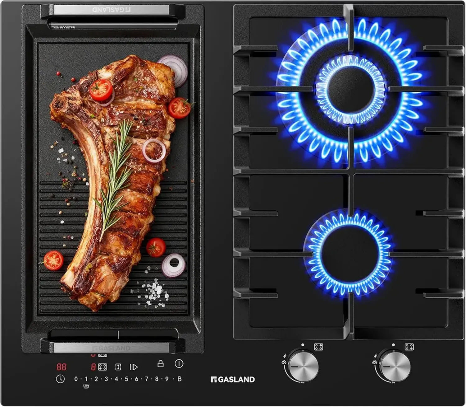 Plaque de cuisson mixte gaz et induction 60 cm - 5200 W avec brûleur wok - 3500 W induction BBQ - Verre noir intégrable