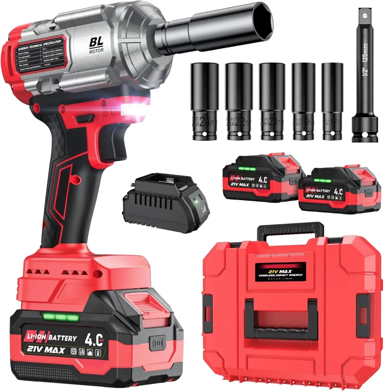 Boulonneuse sans fil 1200 Nm, 21V 4.0Ah avec 2 batteries et chargeur rapide, set complet avec douilles et mallette